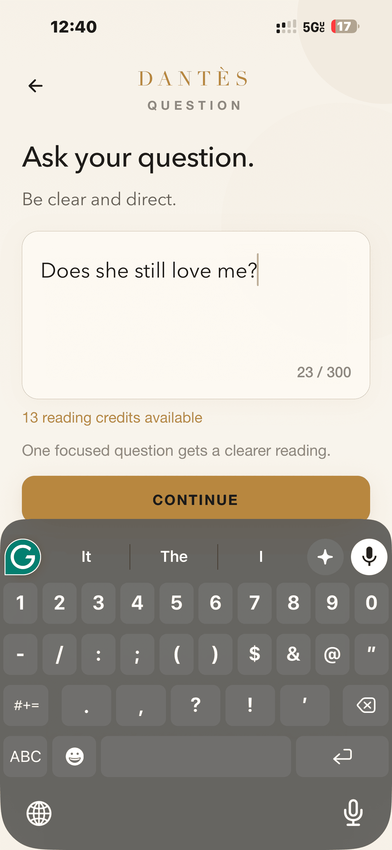 Dantès question screen with a relationship question entered