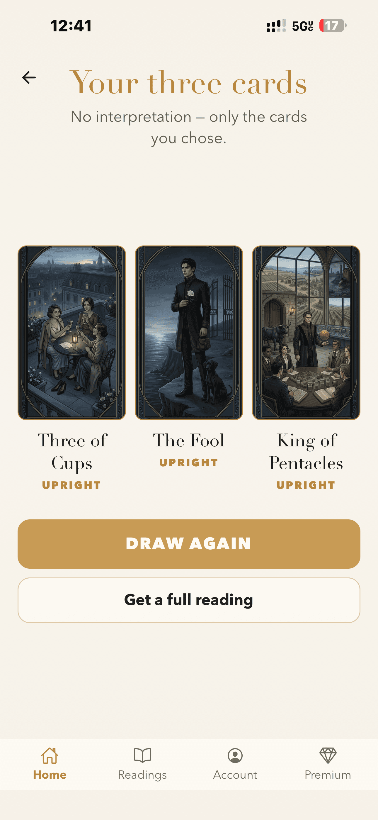 Dantès free three-card draw result showing three cards